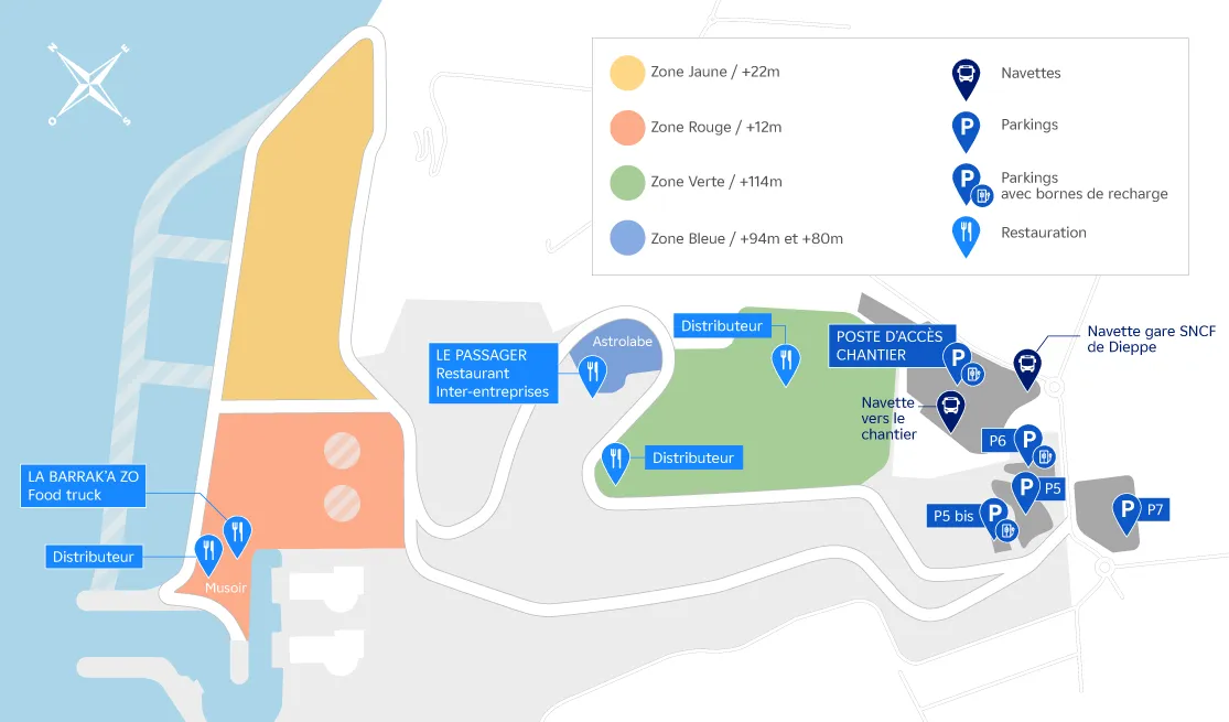Carte sur les services de restauration, de parking et de transport sur le site du chantier de construction EPR2 Penly.